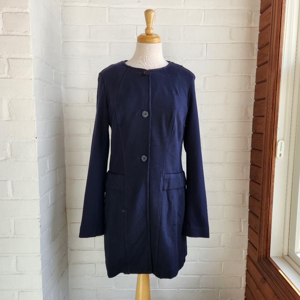 CAbi Lido Navy Blue Ponte Knit Front Button Long Blazer Jacket #5093 Size M